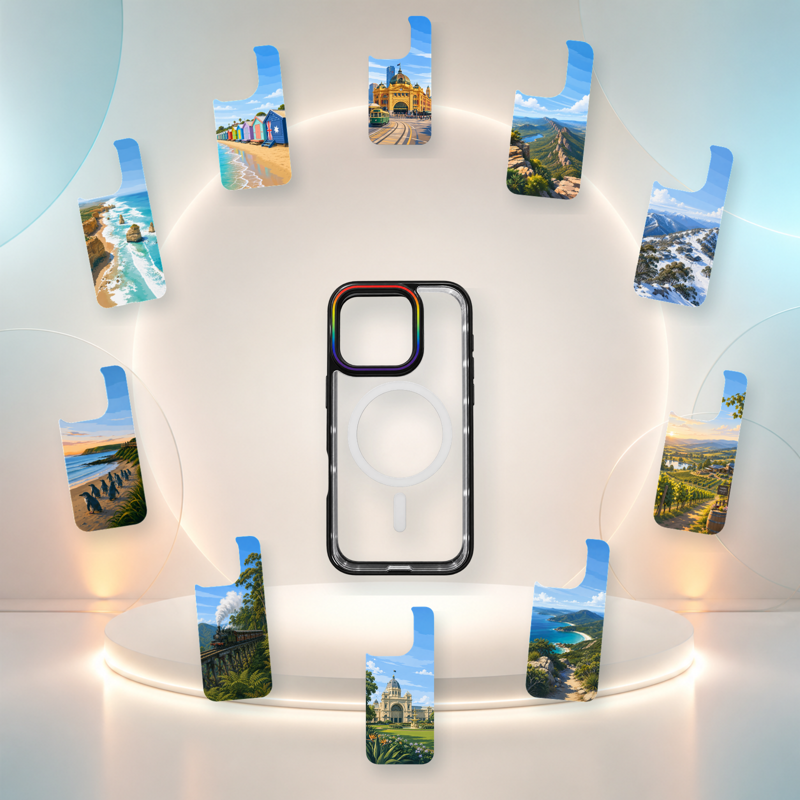 Clear CASE HATS phone case surrounded by ten Melbourne landmark back panels